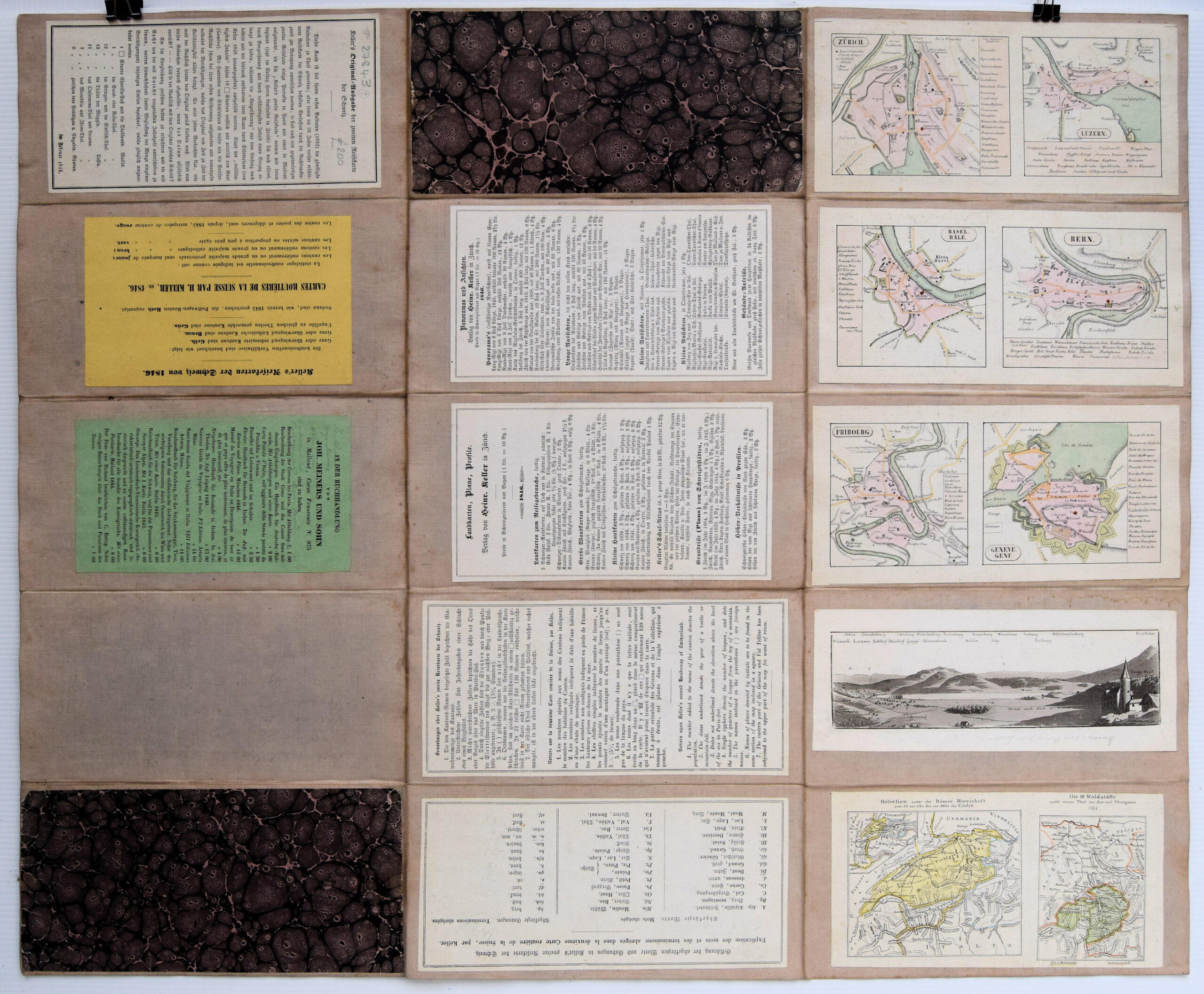 The reverse of the map has city maps Zurich,Luzern,Basel Bale,Bern,Fribourge,Geneve Gene.Also a paste down view and a key/explanation in 3 languages (German, French and English), explaining certain details on the map. - Image 2