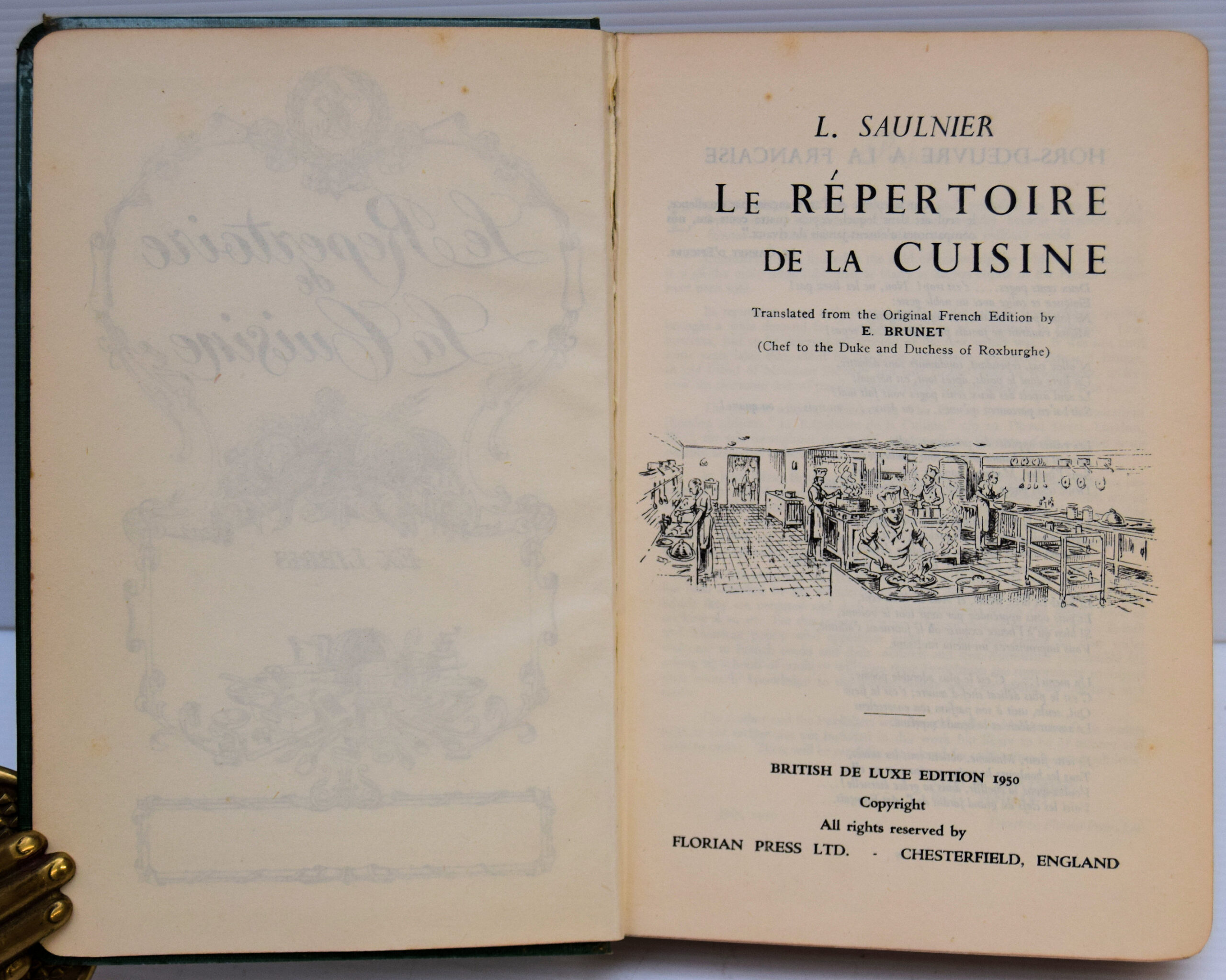 Translated from the Original French Edition by Edouard Brunet (Chef to the Duke and Duchess of Roxburghe). This is the British delux Edition 1950. A wonderful cookery book inspired by & paying homage to the work of renowned Master Chef Auguste Escoffier, Introduction by Louis Saulnier and Edouard Brunet, dedicated to Auguste Escoffier. -The Menu. (Instructions & tips) -Index: A) Fonds de Cuisine - Fundamental Elements of Cookery. B)Garnitures et Sauces - Garnishes and Sauces. C) Hors-d'Oeuvres. D) Potages - Soups. E) Oeufs - Eggs. F) Poissons - Fish. G) Entrees, Releves, Entrees Volantes - Entrees of Abats, Poultry and Game. H) Entrees, Releves, Rotis - Releves and Entrees of Butcher's Meat. I) Salades - Salads. J) Legumes et Pates Alimentaires - Vegetables and Farinaceous Products. K) Entremets - Sweets. L) Savouries. - Image 5